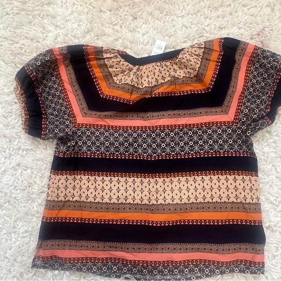 Loft NWT Navy Rust Orange Puff Sleeve Tie Neck Boho Blouse - Picture 2 of 8